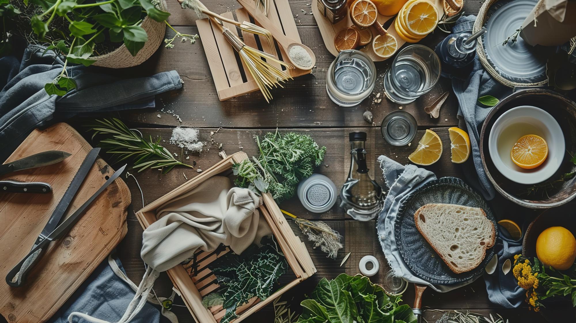 artisan kitchen workspace with tools and herbs